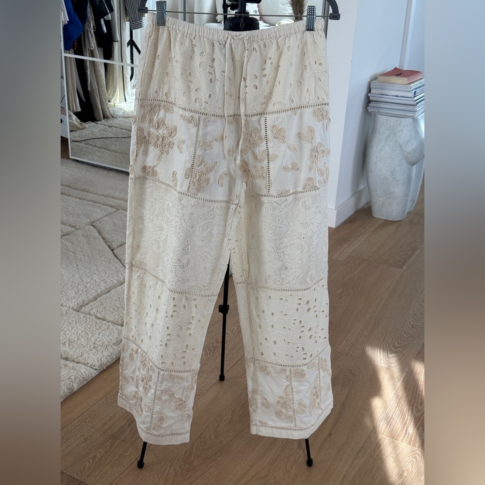 Zara Cream Embroidered Eyelet Wide-Leg Pants